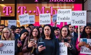 T-Mobile boycott protest with angry customers holding signs outside store