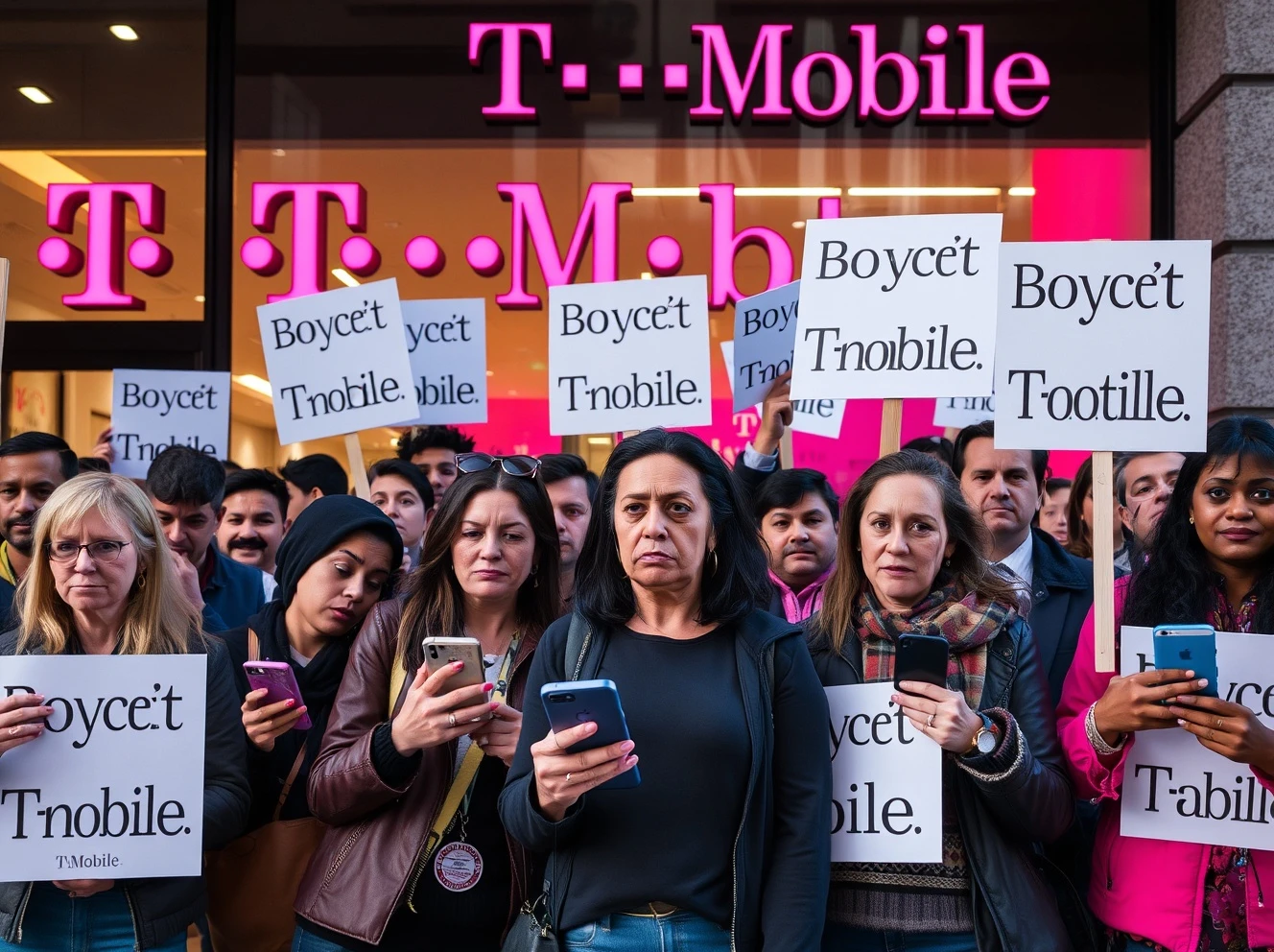 T-Mobile boycott protest with angry customers holding signs outside store