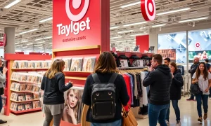 Target Taylor Swift partnership exclusive merchandise display attracting excited shoppers