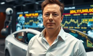 Elon Musk Tesla compensation package announcement with AI and robotics background