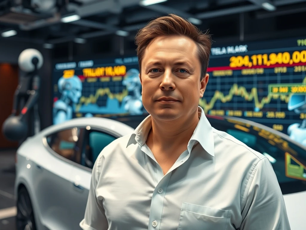Elon Musk Tesla compensation package announcement with AI and robotics background