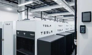 Tesla Megapack energy storage system installation at industrial facility showing advanced battery technology