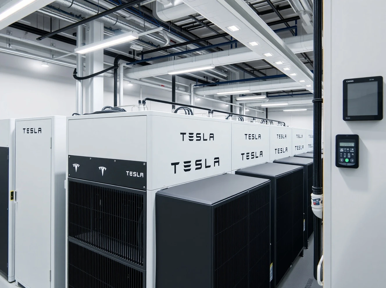 Tesla Megapack energy storage system installation at industrial facility showing advanced battery technology