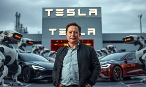 Elon Musk Tesla pay package announcement with futuristic technology backdrop