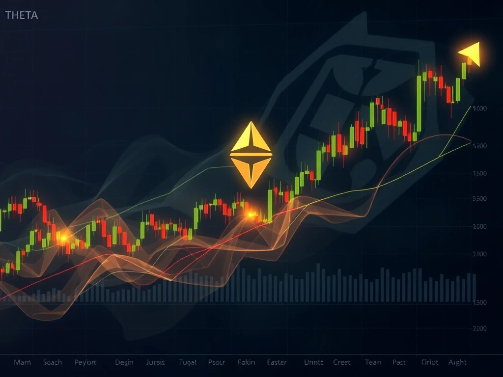 THETA cryptocurrency price chart showing dramatic 302% surge with technical indicators and golden cross pattern