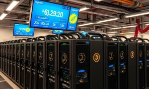 Professional Dogecoin miner facility showing rows of mining rigs with renewable energy integration