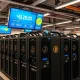 Professional Dogecoin miner facility showing rows of mining rigs with renewable energy integration