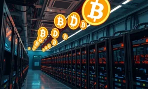 Thumzup's Dogecoin mining facility with advanced ASIC miners processing cryptocurrency transactions