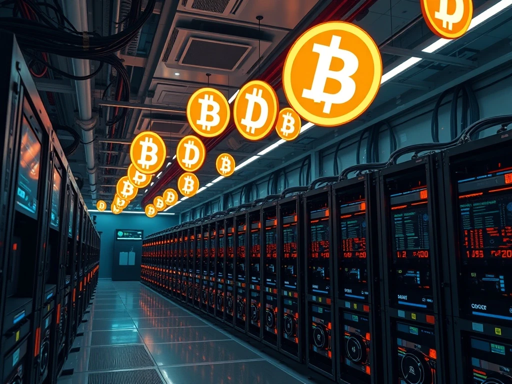 Thumzup's Dogecoin mining facility with advanced ASIC miners processing cryptocurrency transactions