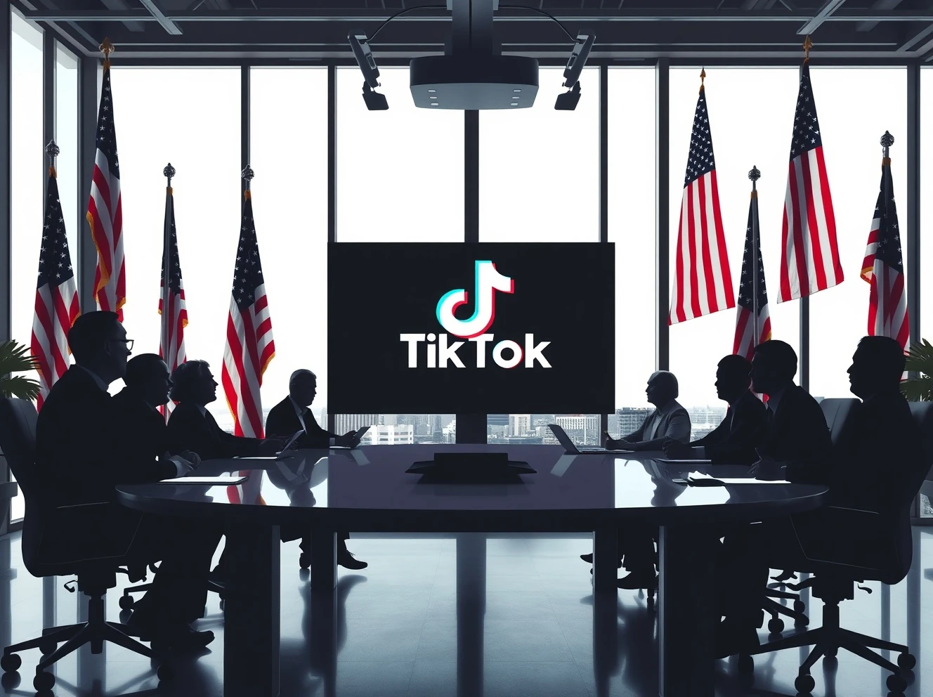 American business leaders discussing TikTok takeover deal in corporate boardroom
