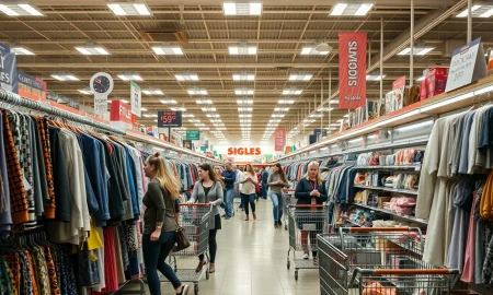 Shoppers enthusiastically browse merchandise in a bustling discount retail store, reflecting robust TJX earnings and strong consumer demand for value.