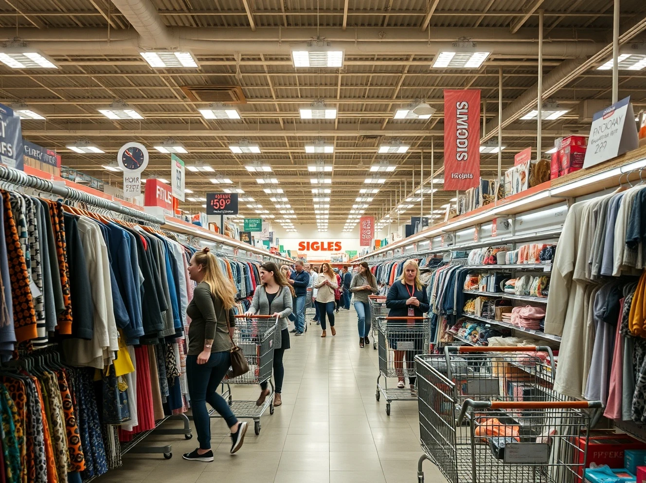 Shoppers enthusiastically browse merchandise in a bustling discount retail store, reflecting robust TJX earnings and strong consumer demand for value.