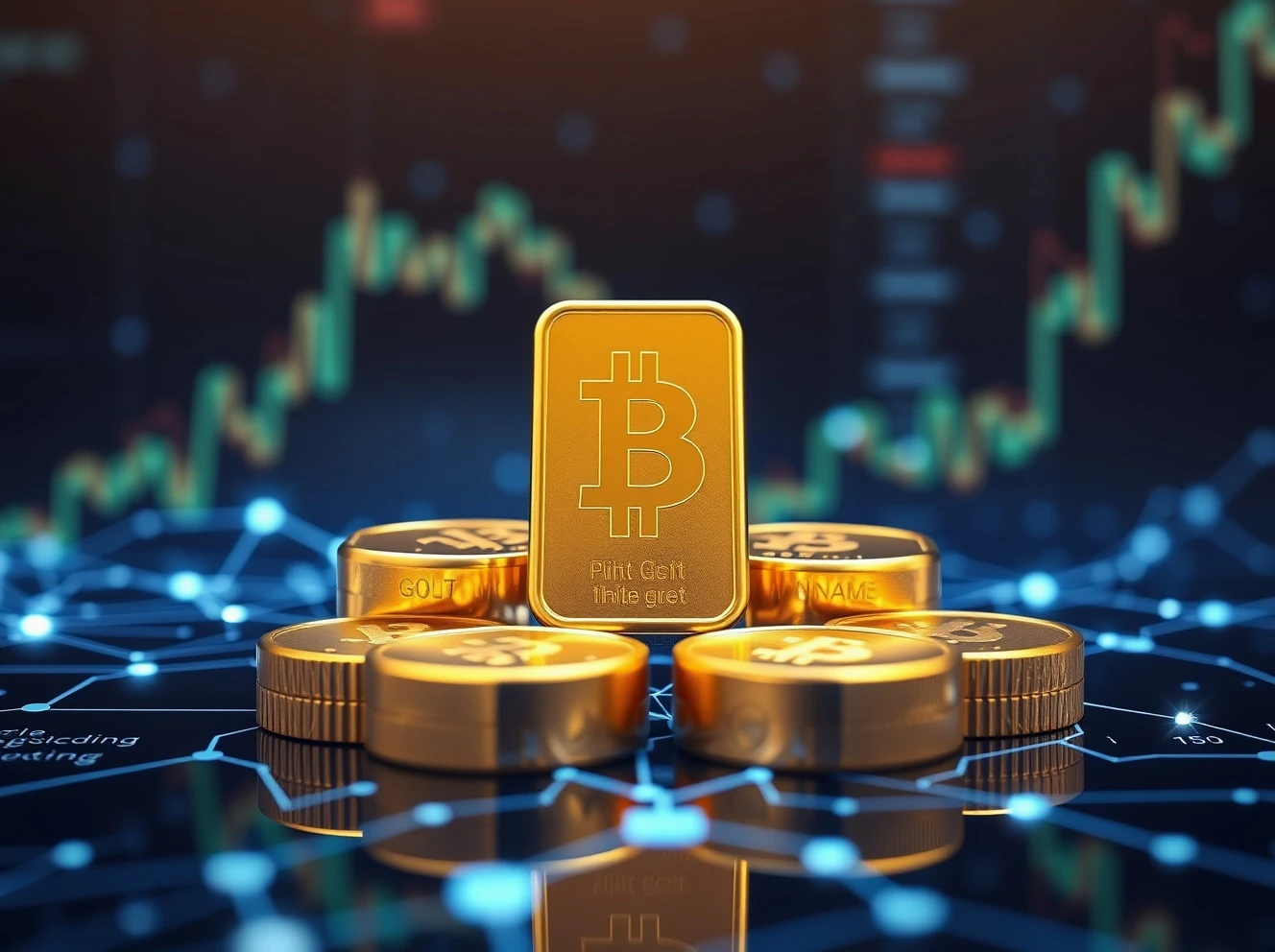 Digital tokenized gold bars representing blockchain-based safe-haven investment growth