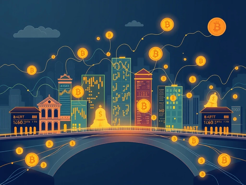 Blockchain bridge connecting traditional stock market to digital tokenized stocks representing modern financial innovation