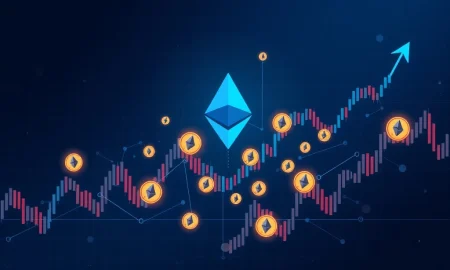 Ethereum blockchain network enabling tokenized stocks trading with digital equity tokens flowing between traditional market and DeFi platforms