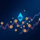 Ethereum blockchain network enabling tokenized stocks trading with digital equity tokens flowing between traditional market and DeFi platforms