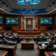 Senate debate on tokenized stocks regulation with blockchain visualization background