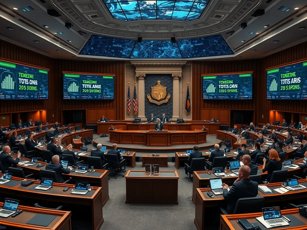 Senate debate on tokenized stocks regulation with blockchain visualization background