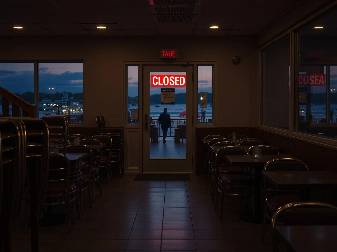 Closed tourist restaurant chain location with empty dining area during final shutdown week