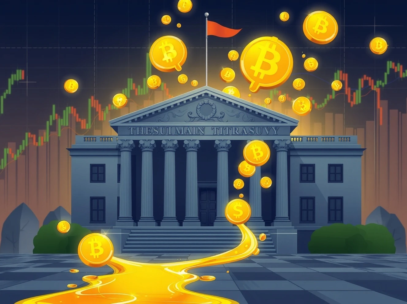 US Treasury building triggering massive crypto rally with Bitcoin and digital assets surging upward