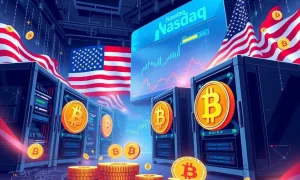 Trump-backed Bitcoin mining company ABTC launching on Nasdaq with mining equipment and stock market graphics