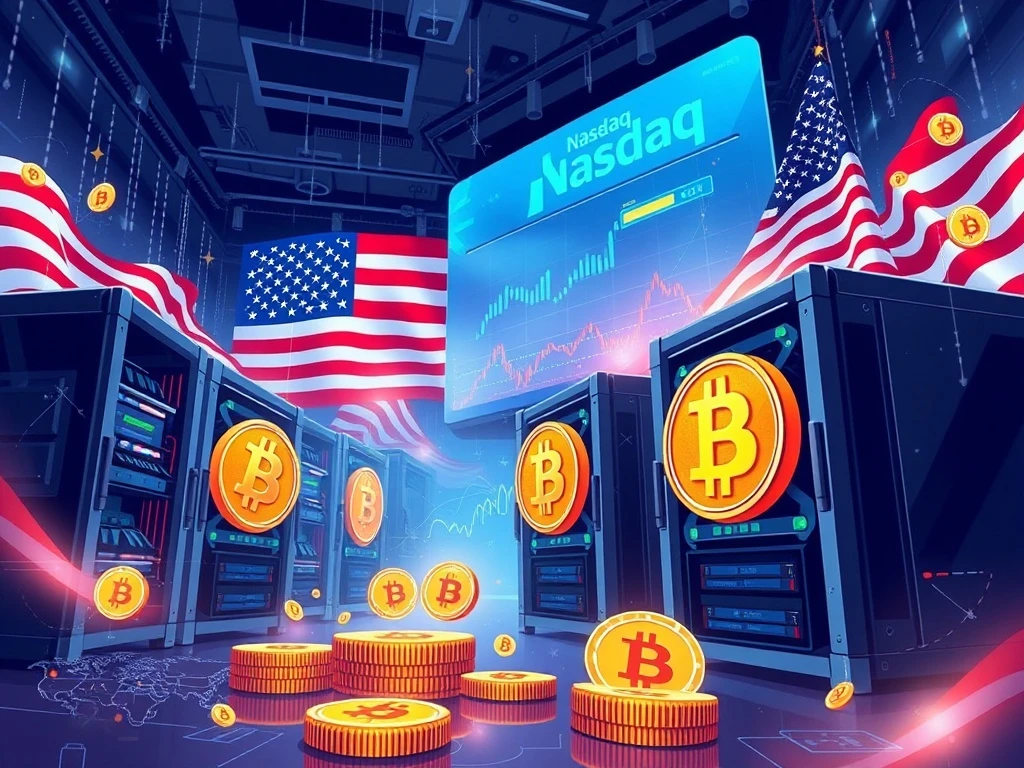 Trump-backed Bitcoin mining company ABTC launching on Nasdaq with mining equipment and stock market graphics