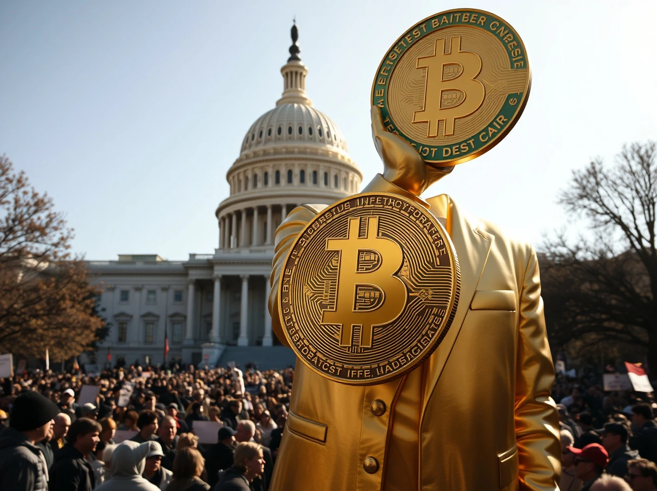 Controversial golden bitcoin statue of Donald Trump outside US Capitol building