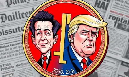 Satirical Trump Corruption Coin exposing political cryptocurrency tactics between Newsom and Trump