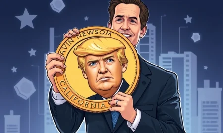 Satirical Trump Corruption Coin mocking political cryptocurrency ventures with blockchain background