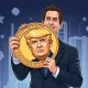 Satirical Trump Corruption Coin mocking political cryptocurrency ventures with blockchain background