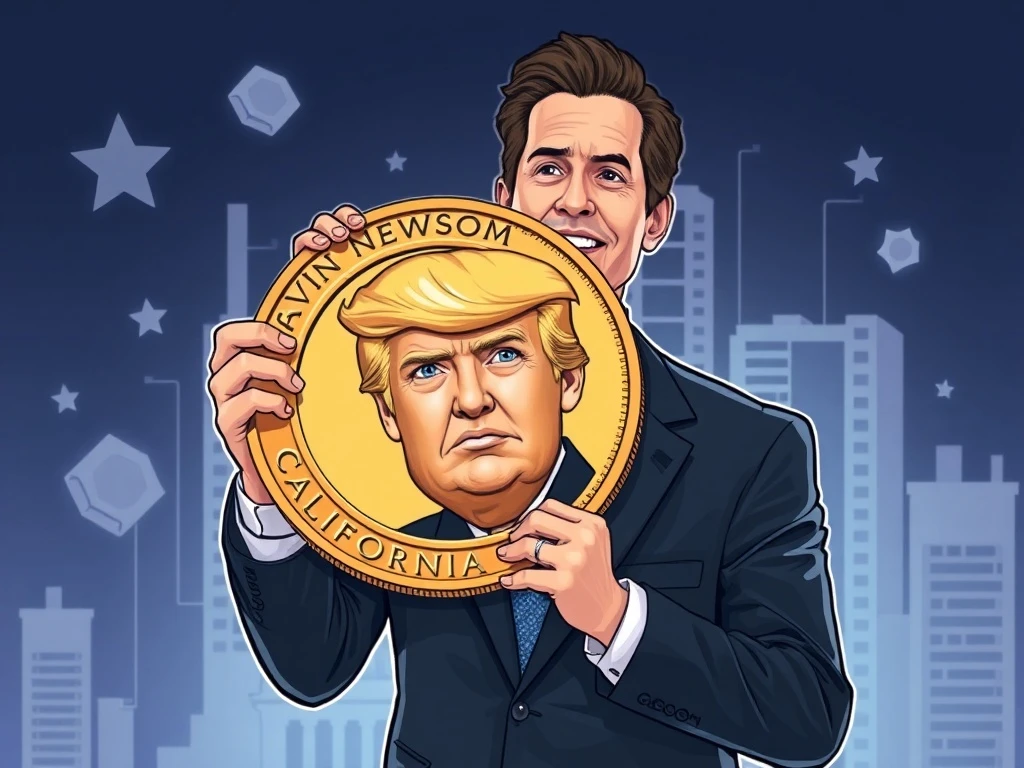 Satirical Trump Corruption Coin mocking political cryptocurrency ventures with blockchain background