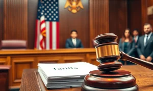 Tariff legal challenge courtroom scene with judge's gavel and legal documents