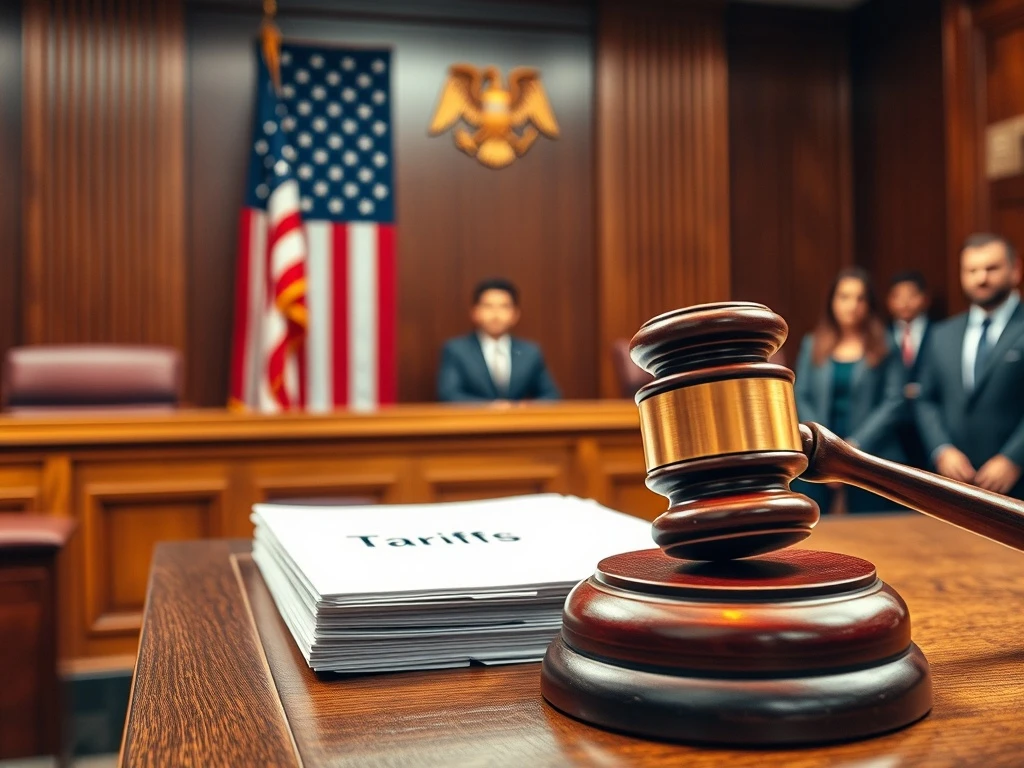 Tariff legal challenge courtroom scene with judge's gavel and legal documents