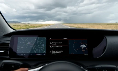 TuneIn FEMA emergency alerts displayed on car dashboard during severe weather conditions