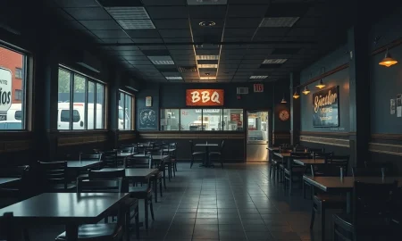 Closed BBQ chain restaurant showing business shutdown during financial restructuring