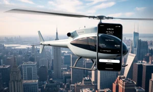 Uber urban air mobility service featuring Blade helicopters over city skyline