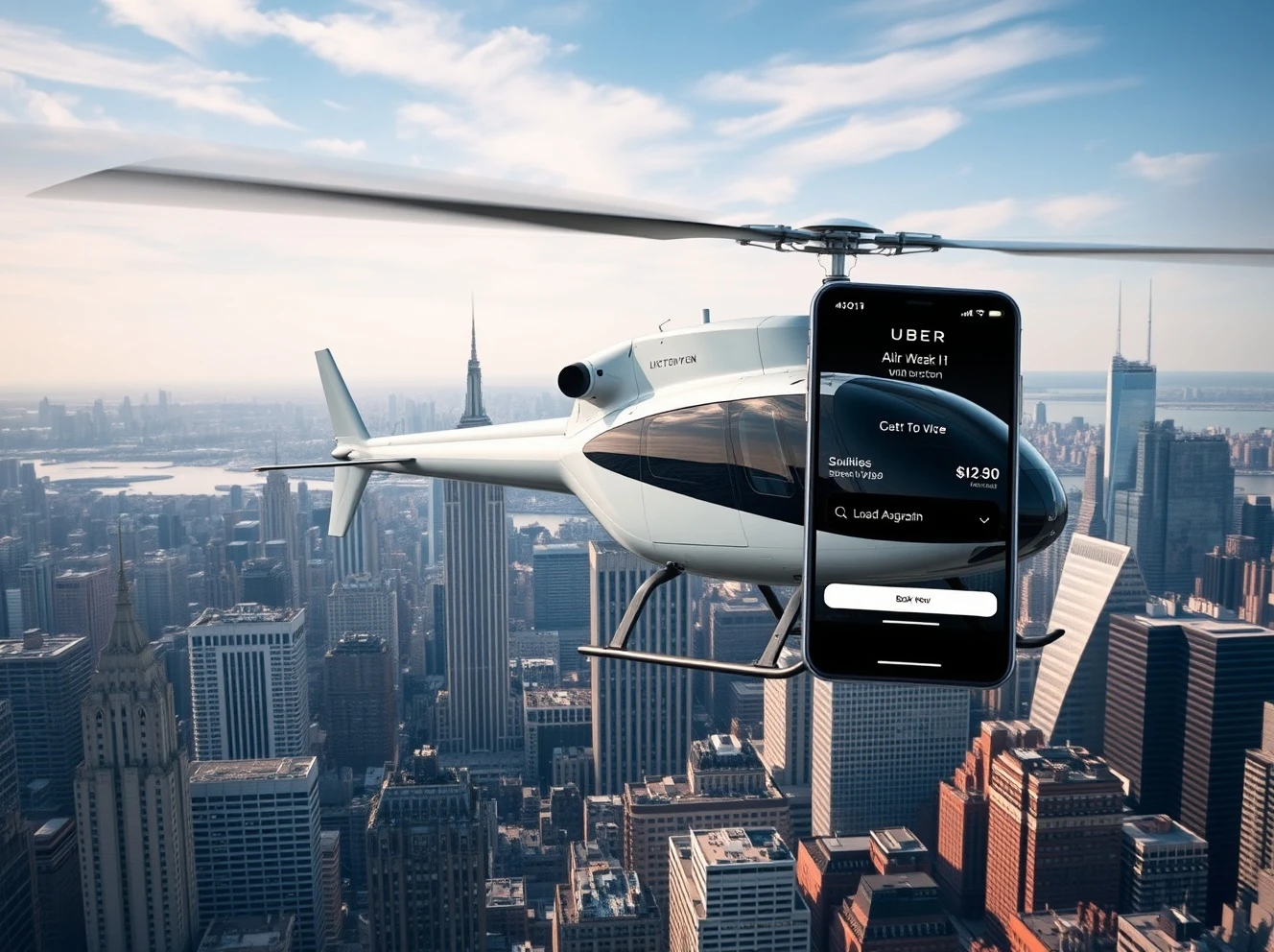 Uber urban air mobility service featuring Blade helicopters over city skyline