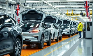 UK automotive sector manufacturing electric vehicles in modern factory setting