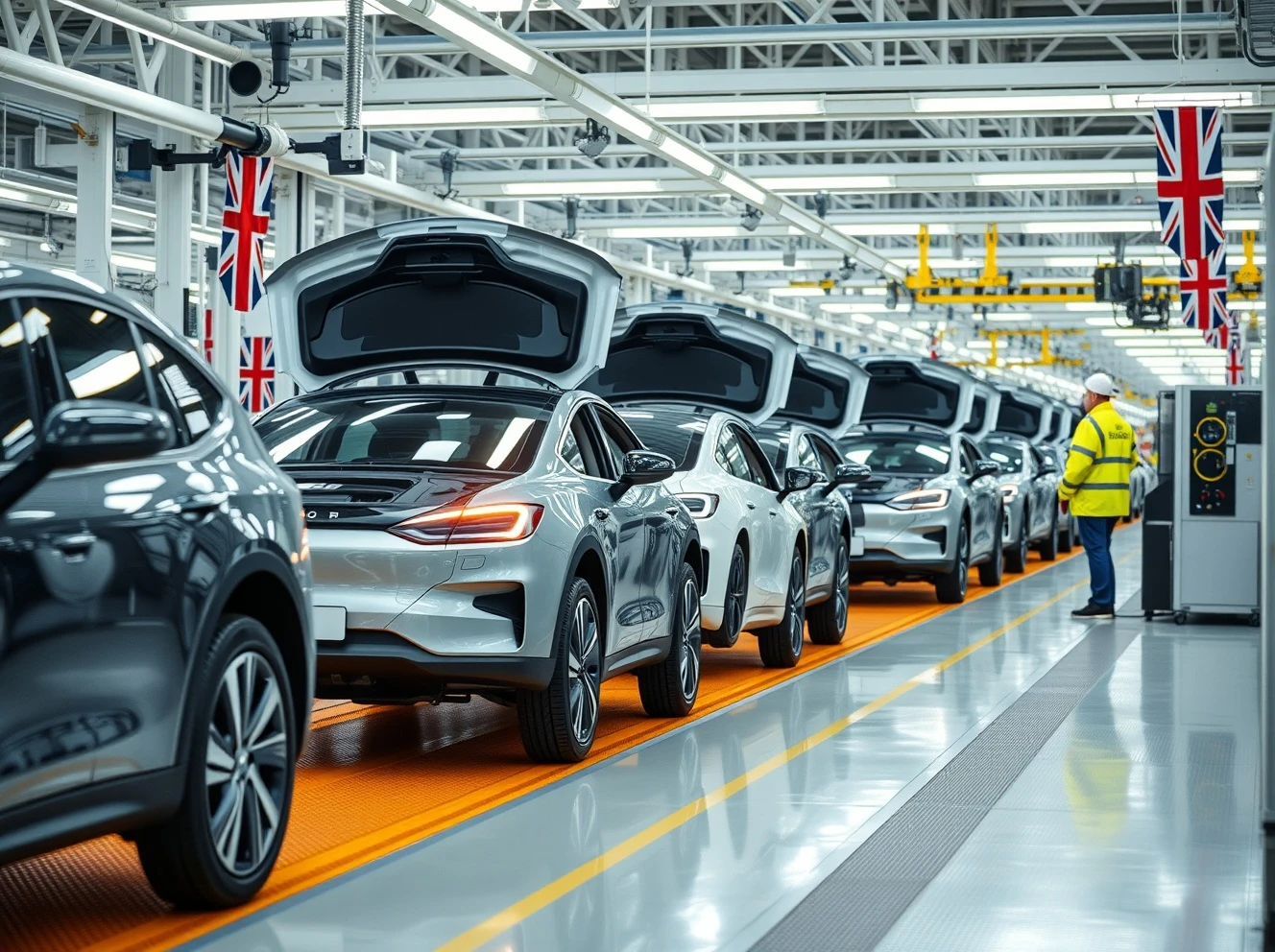 UK automotive sector manufacturing electric vehicles in modern factory setting