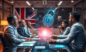 UK business leaders discussing urgent AI adoption strategies with digital interface