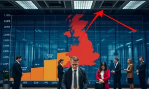 Graph showing UK hiring slump compared to European competitors with downward trend
