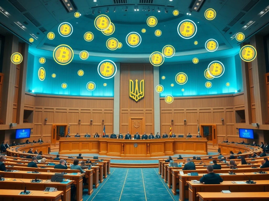 Ukraine crypto legalization bill passing in parliament with digital currency symbols
