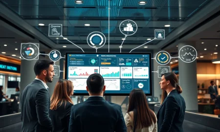 A financial executive leads a team using a digital dashboard, symbolizing the impact of Unified Risk Management on banking efficiency and strategic oversight.