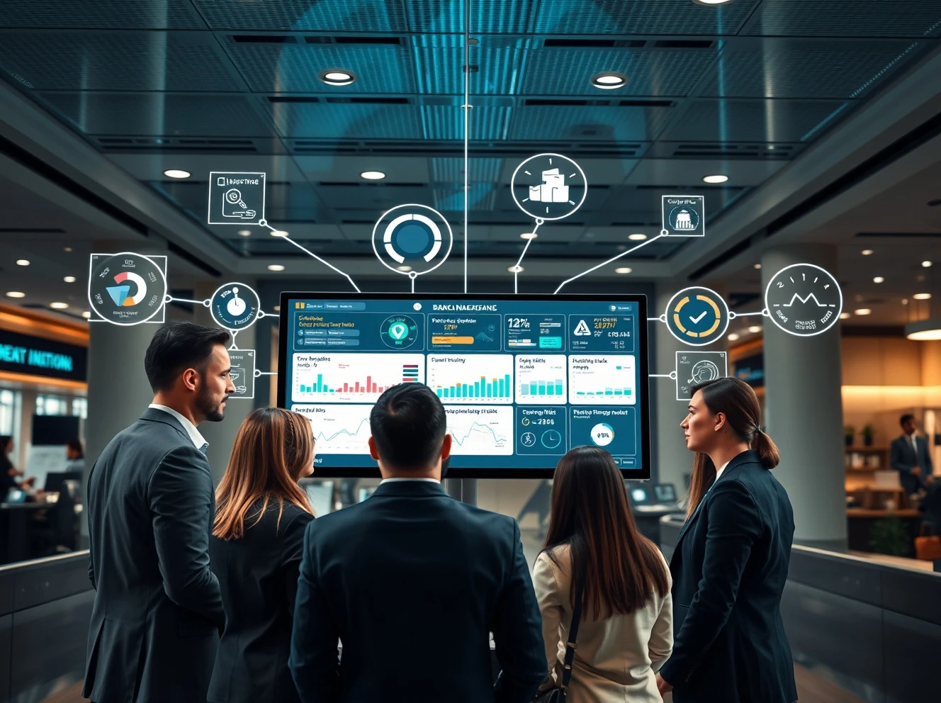 A financial executive leads a team using a digital dashboard, symbolizing the impact of Unified Risk Management on banking efficiency and strategic oversight.