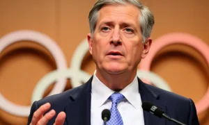 United Airlines CEO delivering Olympic Games travel warning at press conference