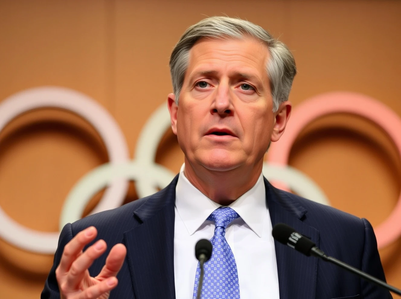 United Airlines CEO delivering Olympic Games travel warning at press conference