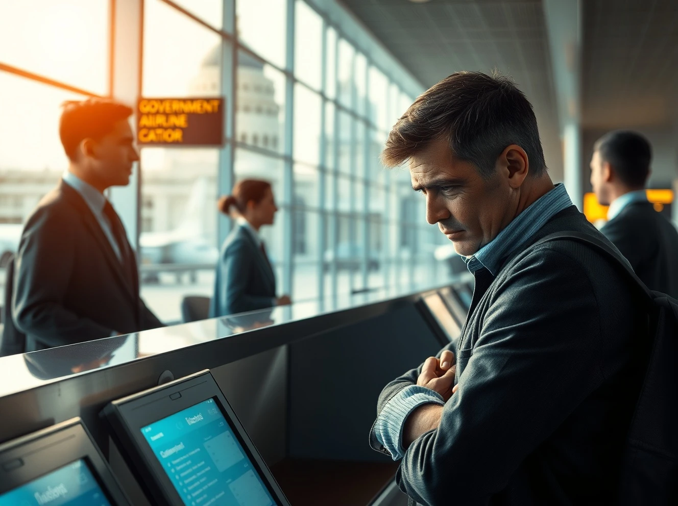 US government decision impacting airline consumer rights at airport counter scene