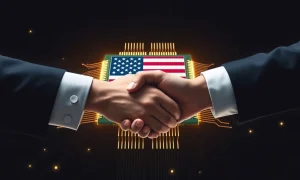 Two hands shaking over a microchip, symbolizing a strategic **US government chip stake** and collaboration in the semiconductor industry.