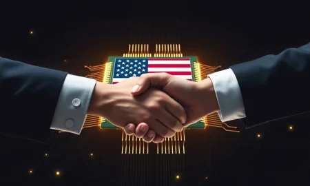 Two hands shaking over a microchip, symbolizing a strategic **US government chip stake** and collaboration in the semiconductor industry.