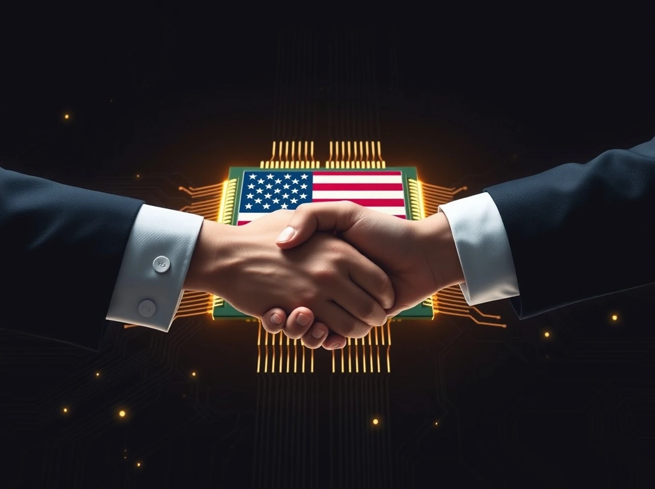 Two hands shaking over a microchip, symbolizing a strategic **US government chip stake** and collaboration in the semiconductor industry.
